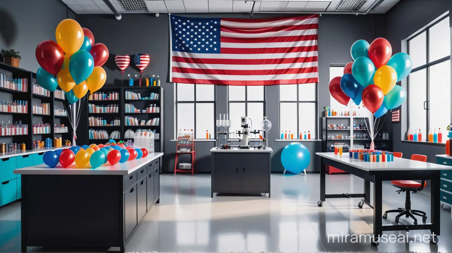wide background. no people. lab. clinical laboratory. technology. futuristic. creative. fun. fantasy. magical. god. heaven. superhero scientist lab. real USA flag. very detailed. lab. creative. party decoration. government. federal. party decoration. "Lab week 2024". celebration. party. fun. life. party balloons. 