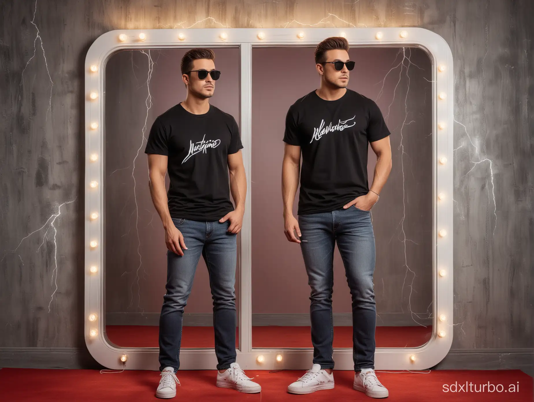a man standing in a redroom with mirror and lightning background wearing black tshirt and both of his hands is inside his denim jeans and wearing black shady glasses and white shoes and has attractive looks and model looks