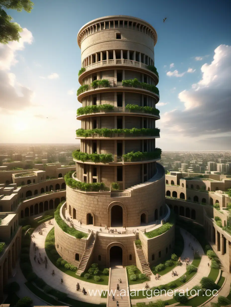 Высокая, круглая, вавилонская башня, со спиральным подъемом, с зелеными садами