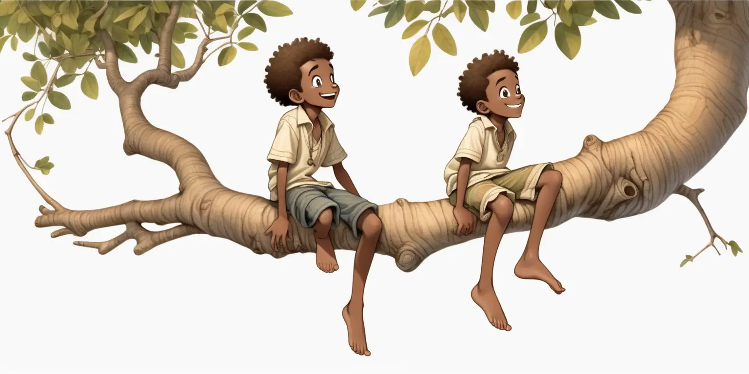 Joyful African Boy Sitting on Tree Branch in Handmade Clothes