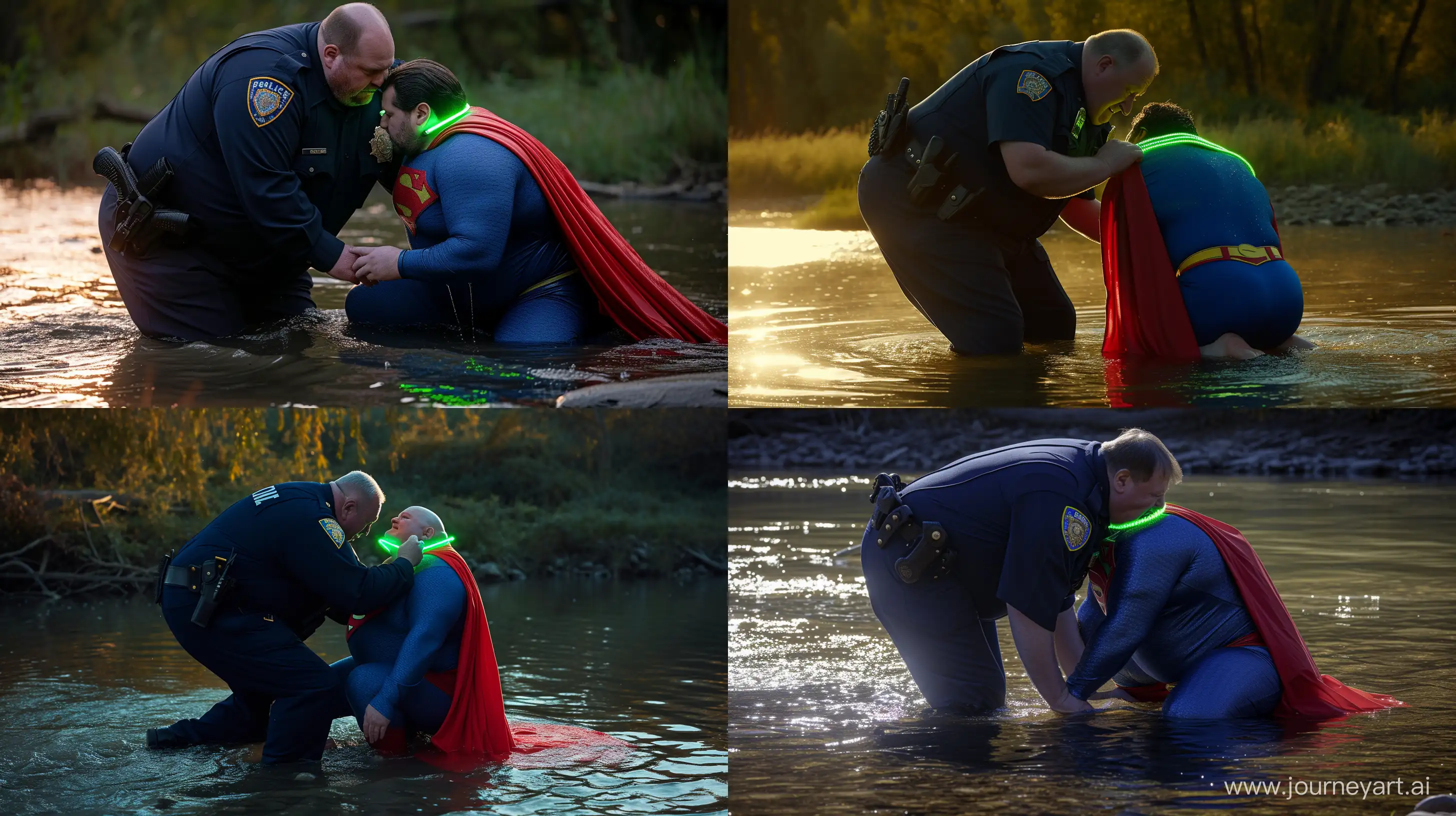 Close-up photo of a action scene of a fat man aged 60 wearing a navy police uniform. Bending behind and tightening a tight green glowing neon dog collar on the nape of a fat man aged 60 wearing a tight blue 1978 superman costume with a red cape kneeling in the water. Natural Light. River. --style raw --ar 16:9