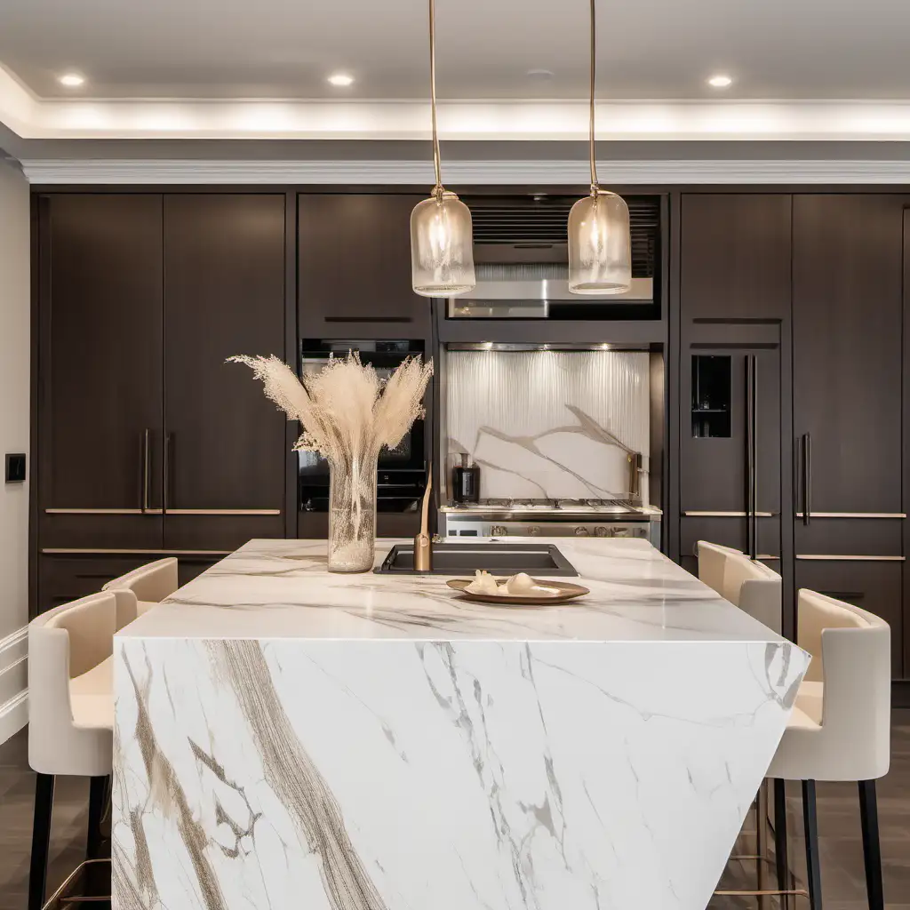 Editorial style photograph of a modern luxury kitchen Beige and cream colour pallete dark wood cabinets with bronze accents High resolution 8k taken by cannon 