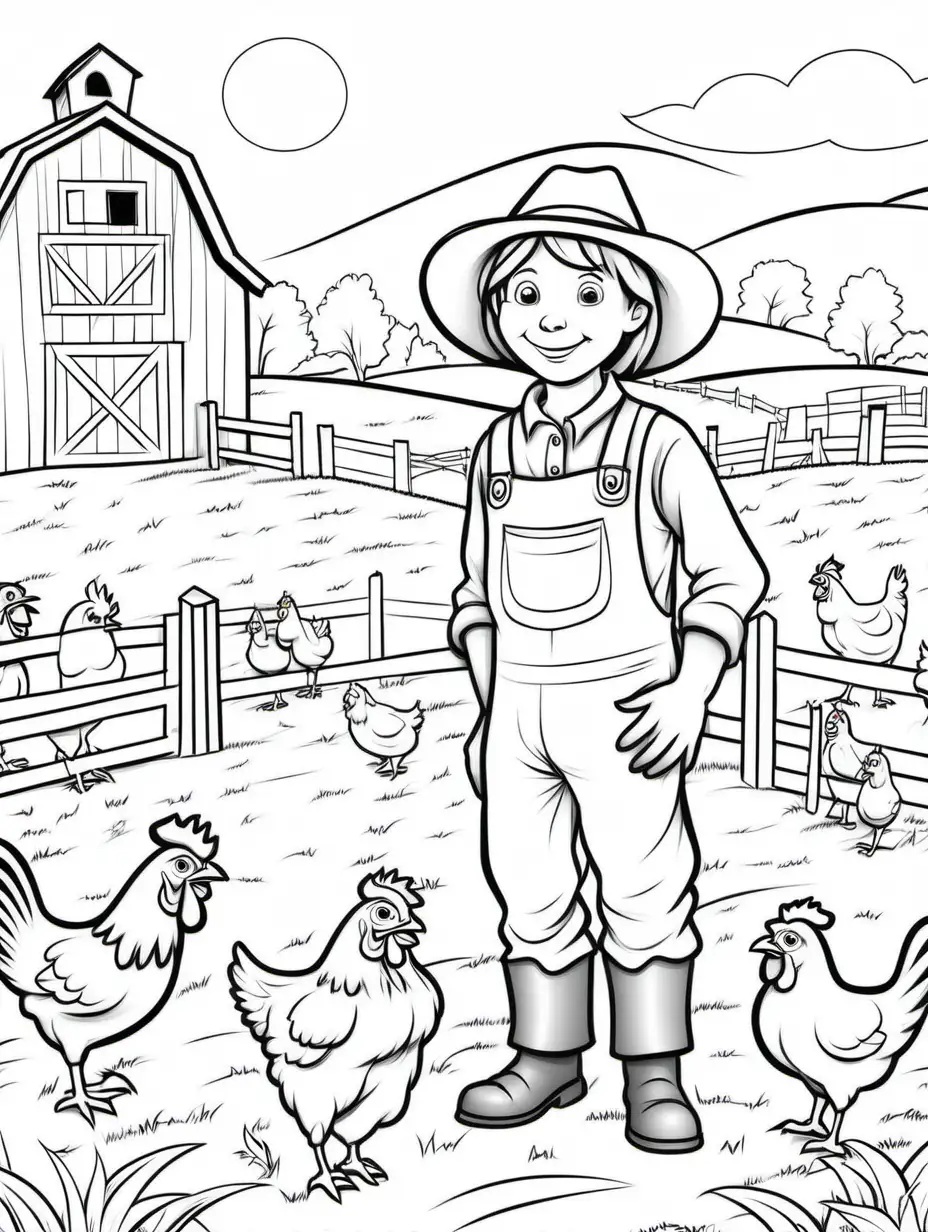 Create a colouring page, , a barn, a cow, a chicken, and a friendly scarecrow in a farm scene. Kids can color the farm animals and scenery. low detail,  black and white, thick lines, no shading, low detail, simple cartoon style, white background ,colouring page 