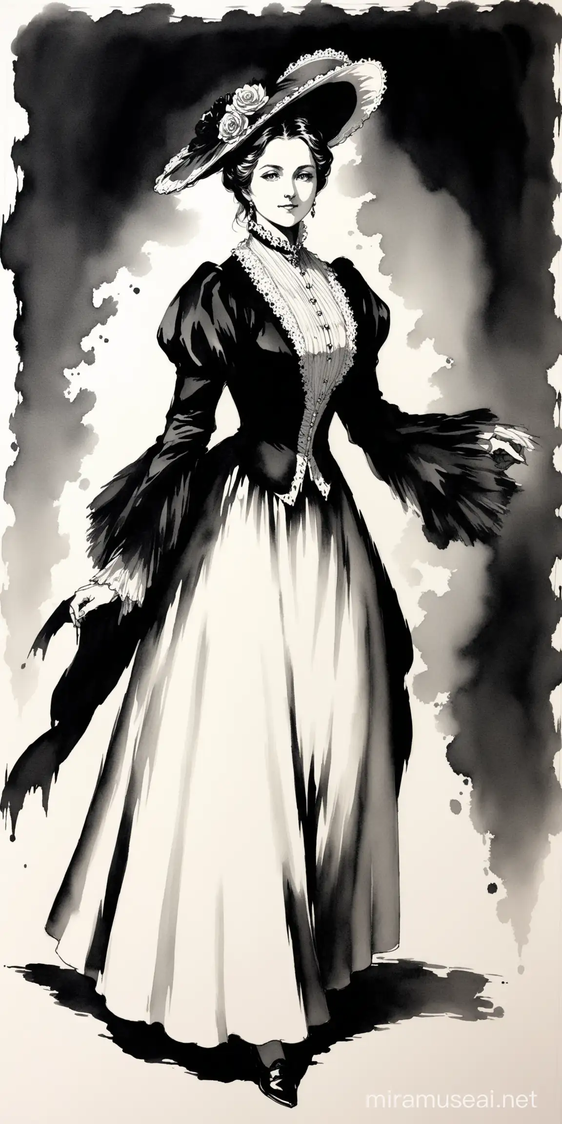 Mature noble woman, Victorian era, ink painting, black and white, more black, more shadows