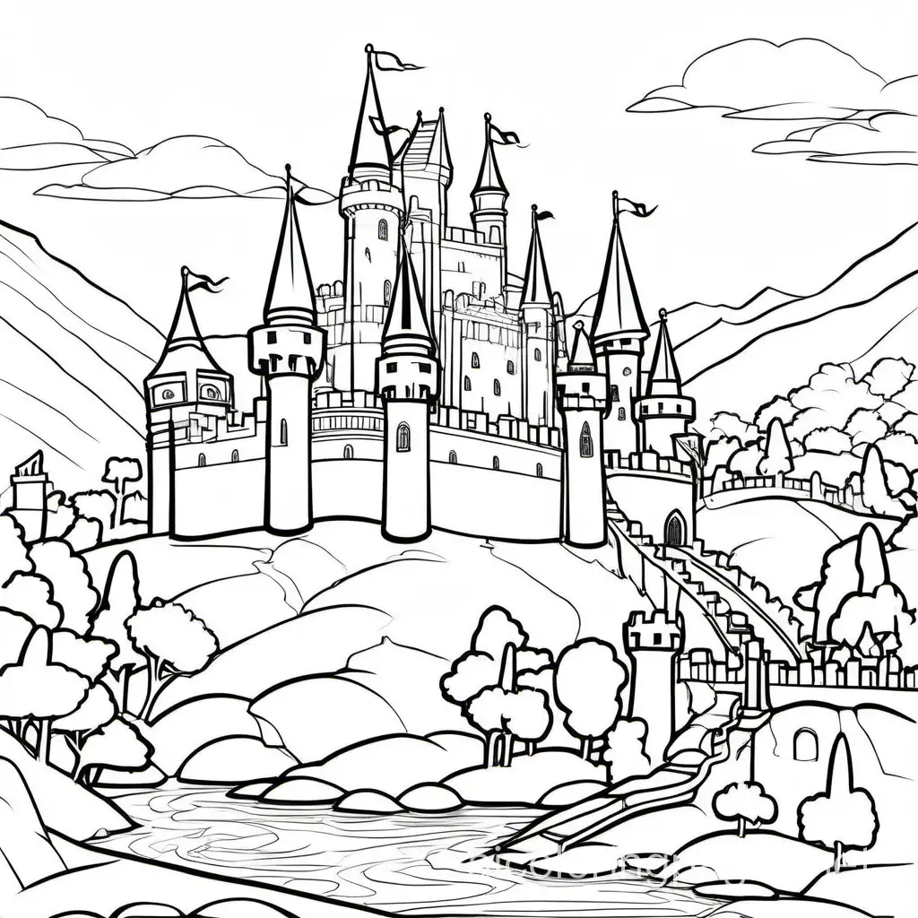 A grand castle perched atop a hill, surrounded by a moat, Coloring Page, black and white, line art, white background, Simplicity, Ample White Space. The background of the coloring page is plain white to make it easy for young children to color within the lines. The outlines of all the subjects are easy to distinguish, making it simple for kids to color without too much difficulty