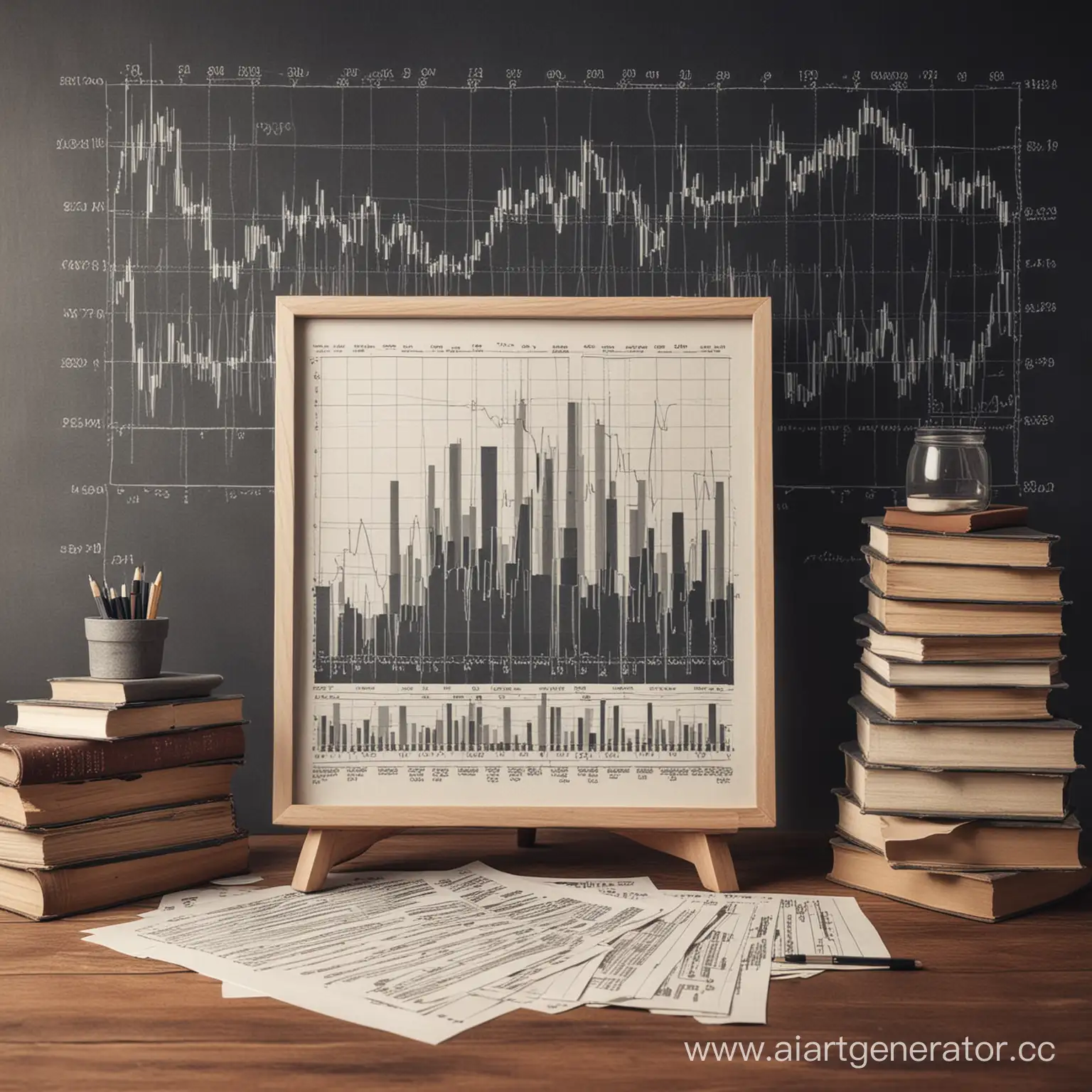 Create a picture with stock charts and a stack of books. The picture should be clear and catchy.