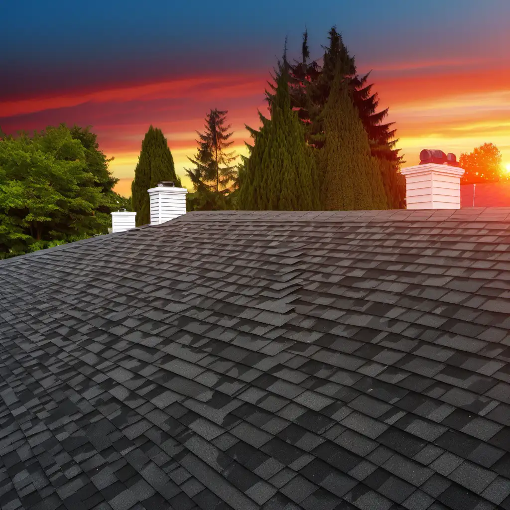 Nice asphalt shingle roof and house at sunset

