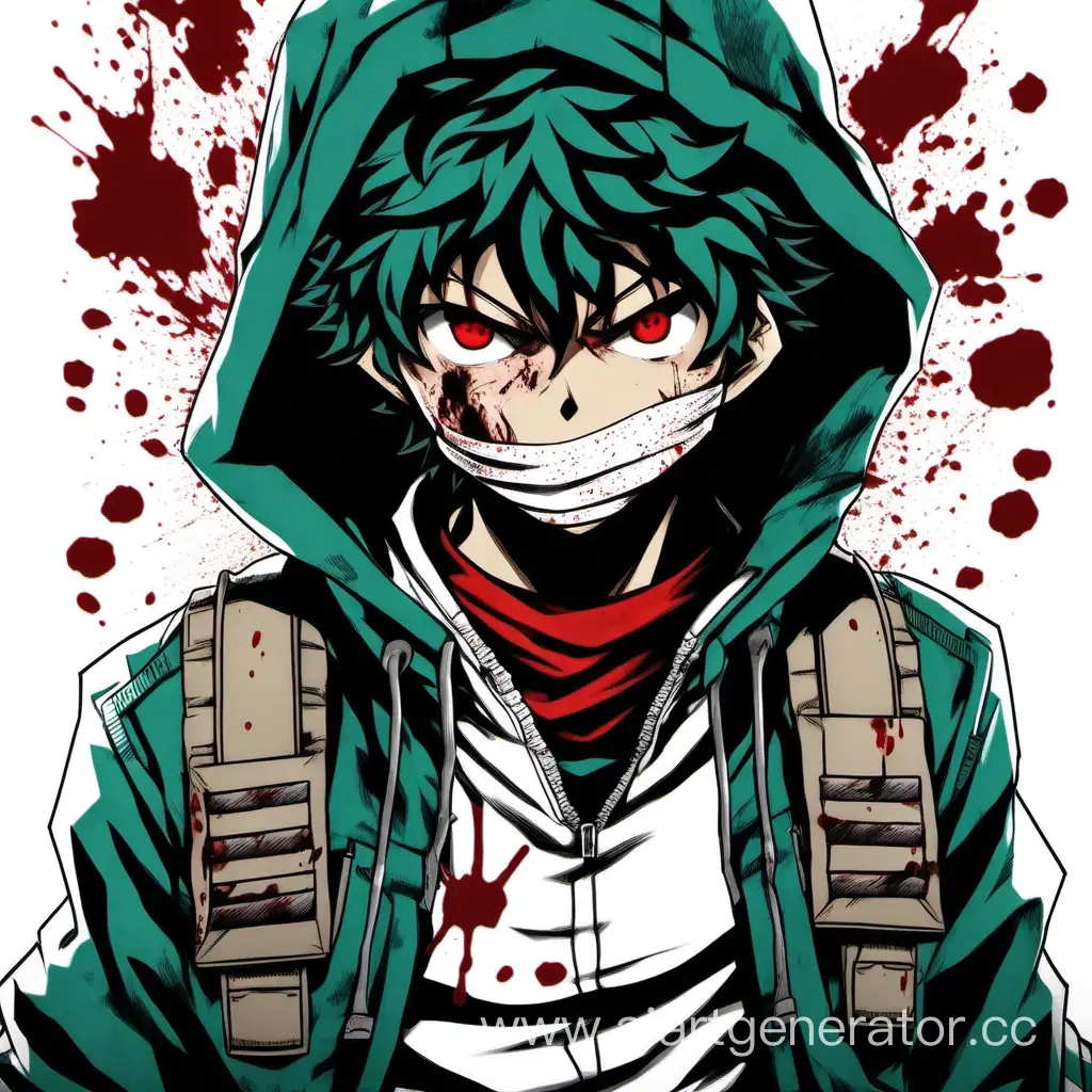 Izuku-Midoriya-with-Freckles-and-Red-Eyes-in-Bulletproof-Vest-Hood-and-Bandaged-Hands-on-Bloody-White-Background