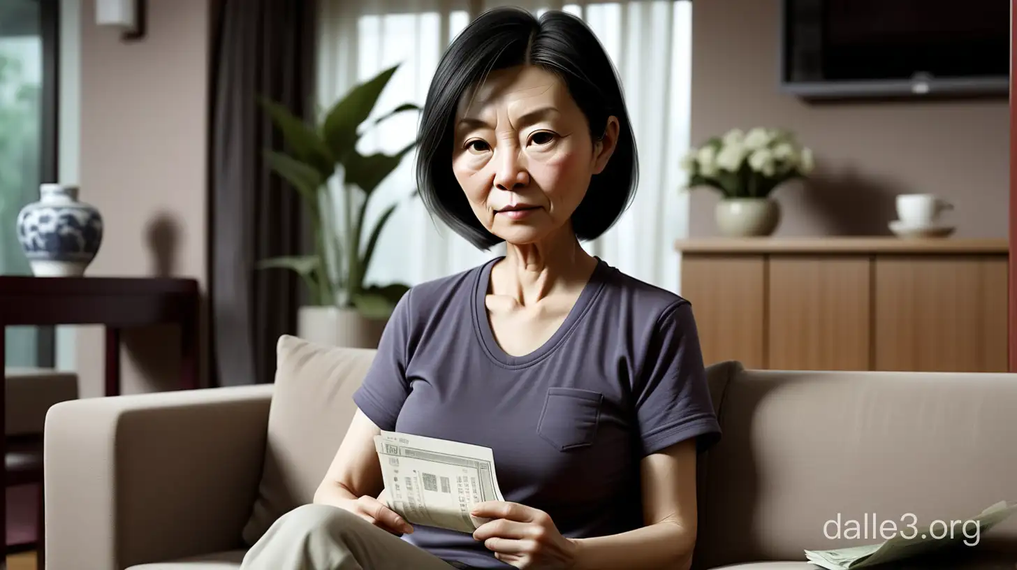 清晨，现代屋内，一个中国中年女人穿着便装拿着存折坐在沙发上