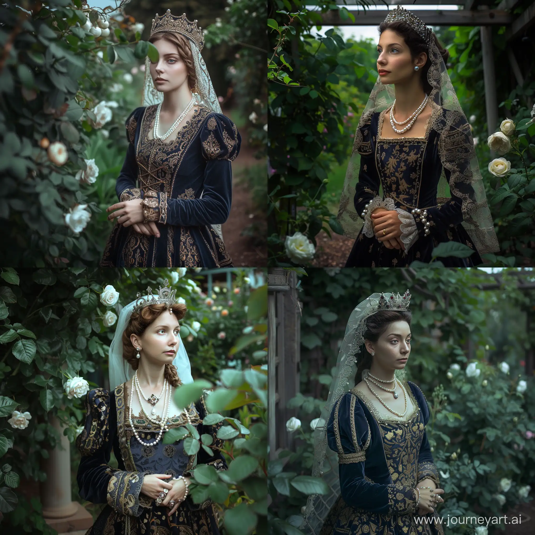 Elegant-Renaissance-Noblewoman-Amid-Lush-Garden-with-Pearl-Jewelry