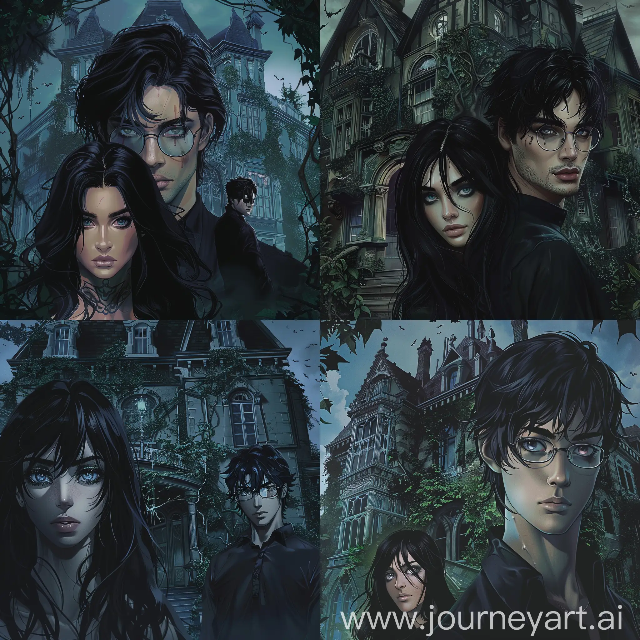 a haunted big manor with ivy covering it, a black-haired woman and a handsome black-haired man standing in front it, he is in glasses and looks very mature and sexy, her eyes are different colors, one is grey, and another one is dark blue, realistic image