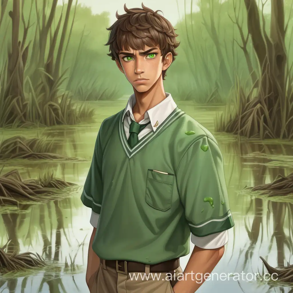 Guy with tan skin, brown hair, green eyes, male messy school uniform in swamp-green colors, looks tough like deliquent, school background,  full body portrait