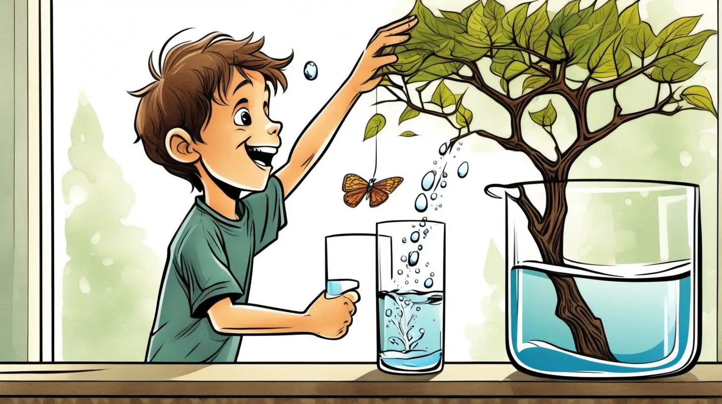 illustrate There is a tree branch rooted in a glass glass filled with water, and a 10-year-old brown-haired boy is looking at it cheerfully, at home