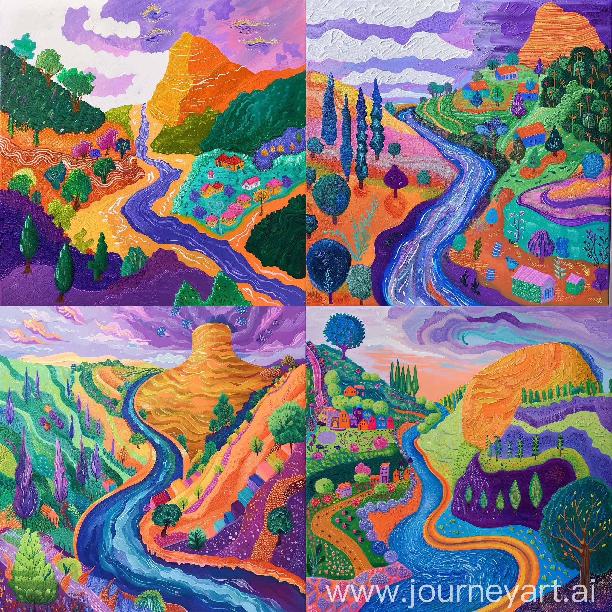 Create a vibrant and colorful painting inspired by the style of "Nichols Canyon" with the same set of colors. Imagine a landscape scene that is expressive and somewhat abstract, using bold and bright colors throughout.

Picture a winding river or road as the focal point of the composition, surrounded by various forms of vegetation and trees. On one side of the river, include a steep green hill or cliff with trees or bushes, while the other side features a flatter landscape with small colorful buildings resembling a village.

Incorporate a large, rounded hill or mountain in the background, painted in a warm orange hue. Use a mix of purple and blue for the sky, with white strokes to represent clouds. Experiment with patterns and textures to add depth and visual interest to the painting.

Remember to maintain the whimsical and dream-like quality of the original artwork while infusing your own creativity and interpretation. Use acrylic paint on a canvas to capture the essence of the style and create a unique piece inspired by "Nichols Canyon."