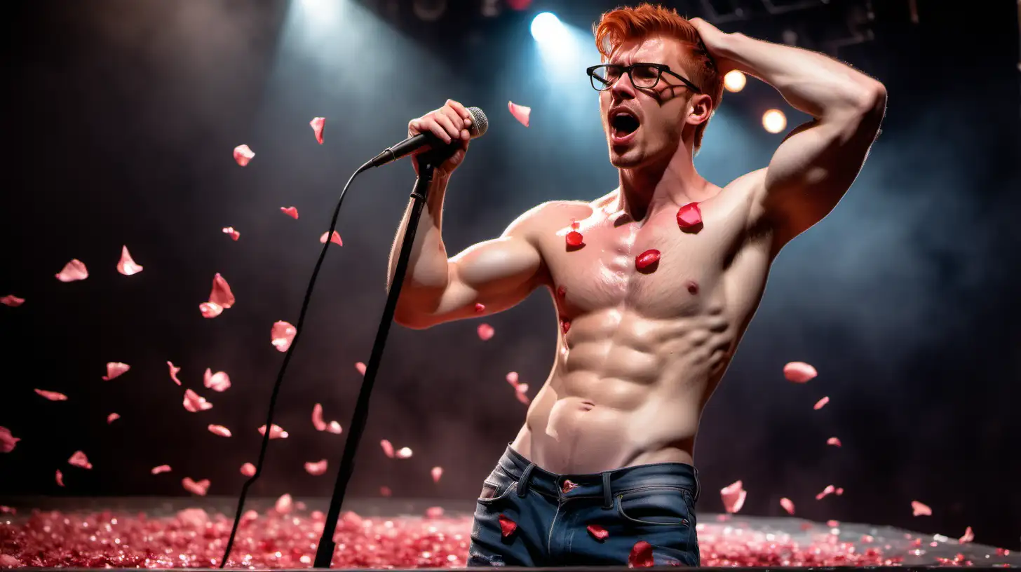 Handsome male rockstar singing careless whisper on stage short hair redhead glasses shirtless muscular torn jeans very sweaty oiled up very wet show hairy chest show abs show legs full body shot mic stand rose petals falling 