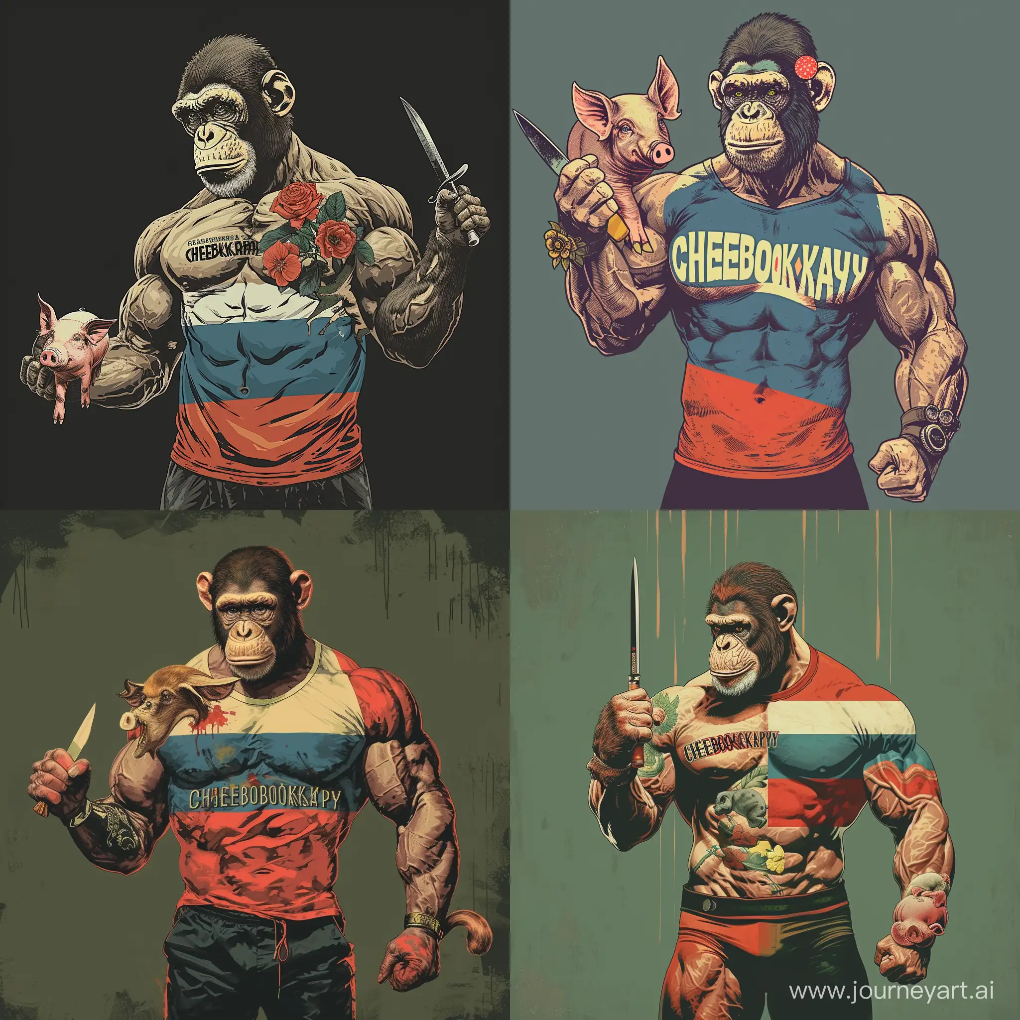 Pumped-up bodybuilder with monkey head in t-shirt with inscription  CHEBOKSARY coloured in Russian flag holding a knife in his right hand and in the left hand there is a pig