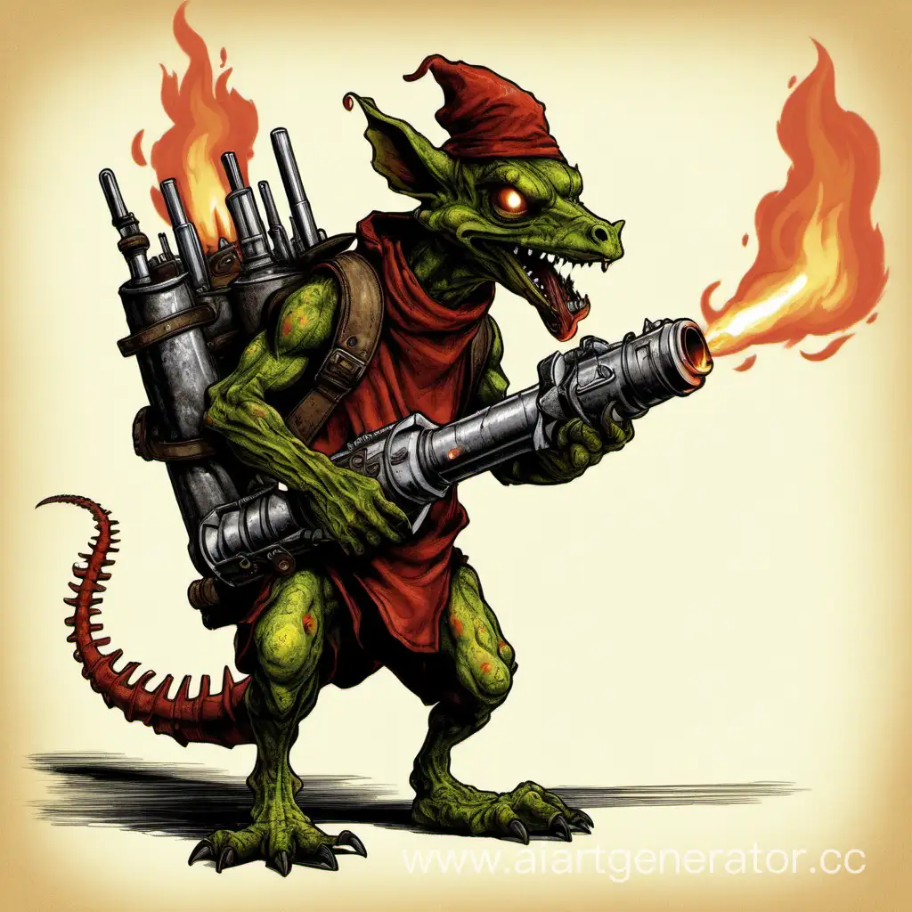 Fantasy-Kobold-with-Flamethrower-in-Mysterious-Setting