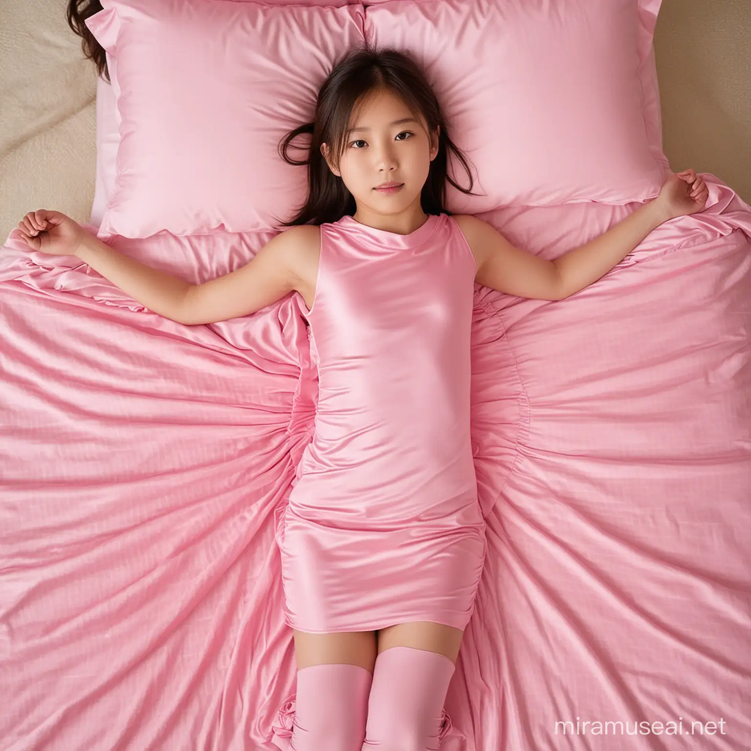 12 years old Japanese girl wearing tight fitting pink dress. She is laying spreadeagle on her back on a bed with her arms behind her back. Viewed from above.