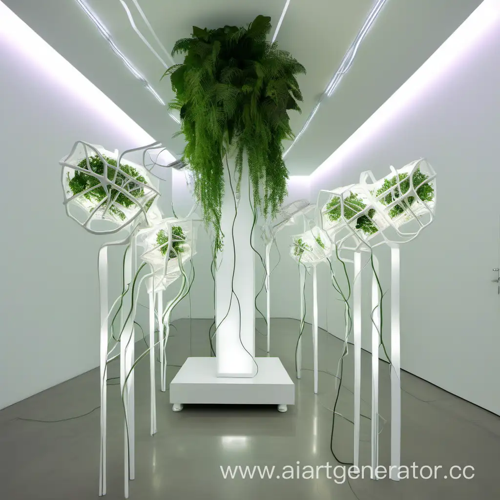 Futuristic-Bionics-Biotech-Installation-in-White-with-Greenery-and-Lighting