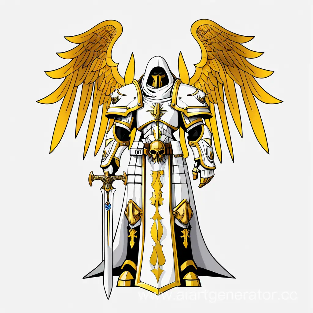 warhammer 40000, Архангел Михаил, монах в белых одеждах, белый балахон, огненный меч, золотые доспехи, брутальность, белый фон, пнг, вектор, рисунок, минимализм, симметрия 