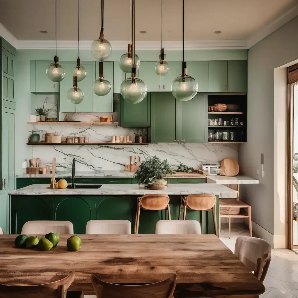 brightly lit kitchen with green cabinets and marble counter, with rustic wooden table and gorgeous circle lamp shades above 

This interior design is minimal, modern & stylish