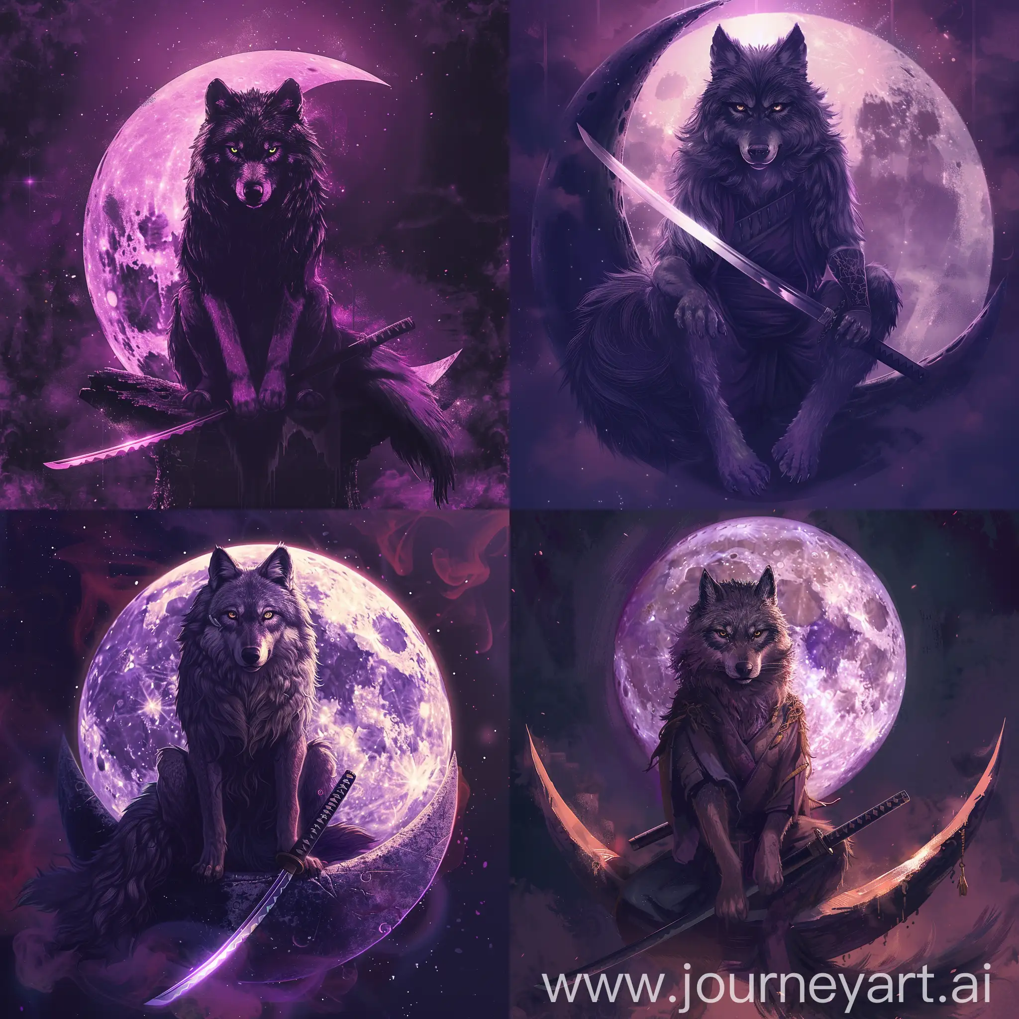A majestic, dark-furred wolf with piercing eyes sits regally upon a crescent-shaped half moon. The moon above radiates a stunning, ethereal shade of purple, casting a mystical glow all around. In the wolf's strong, steady hands, a gleaming katana blade catches the moonlight, its blade reflecting the lunar brilliance. The scene conveys a sense of ancient wisdom, eerie beauty, and tranquil power.