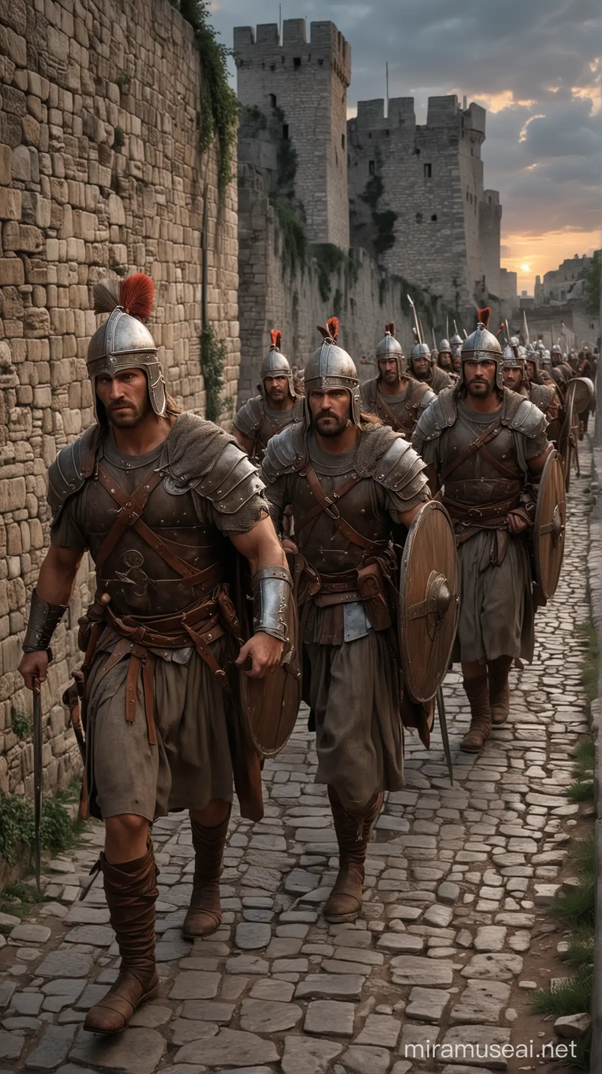 Gallic warriors pacing atop the city walls, their faces illuminated by the fading light. hyper realitic