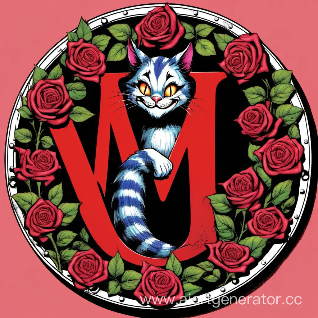 PNG format. 
In the middle is the letter O and in it is the face of the Cheshire cat. Next to the letter O is the letter M and from them comes a manhole of red roses.