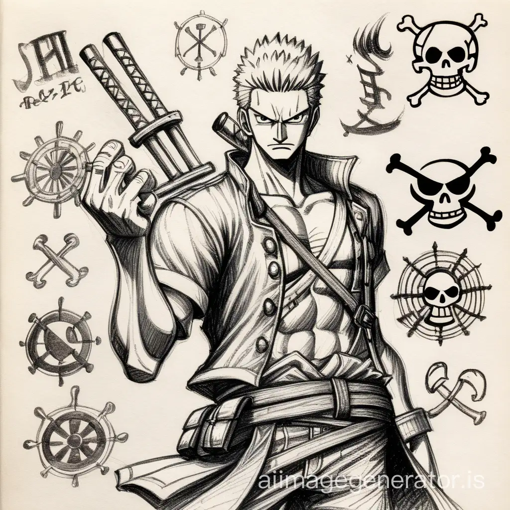 Gritty-Anime-Sketch-One-Pieces-Zoro-with-Pirate-Symbols