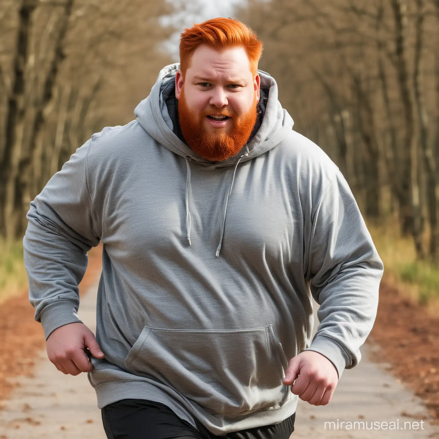Make a fat man with red hair and a hoodie on running outside
