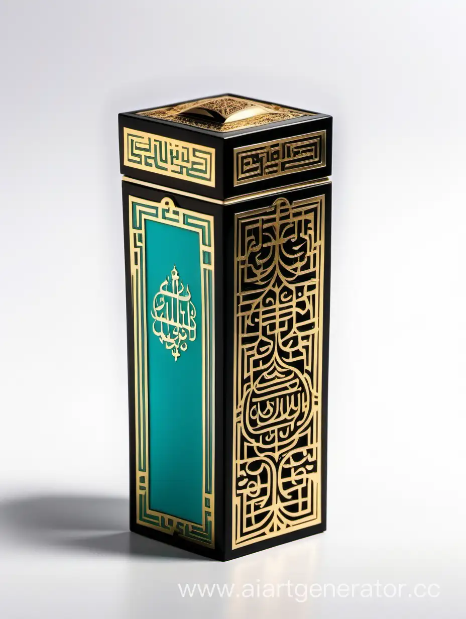 Elegant-Dark-Matt-Black-and-Gold-Turquoise-Luxury-Perfume-Box-with-Arabic-Calligraphy