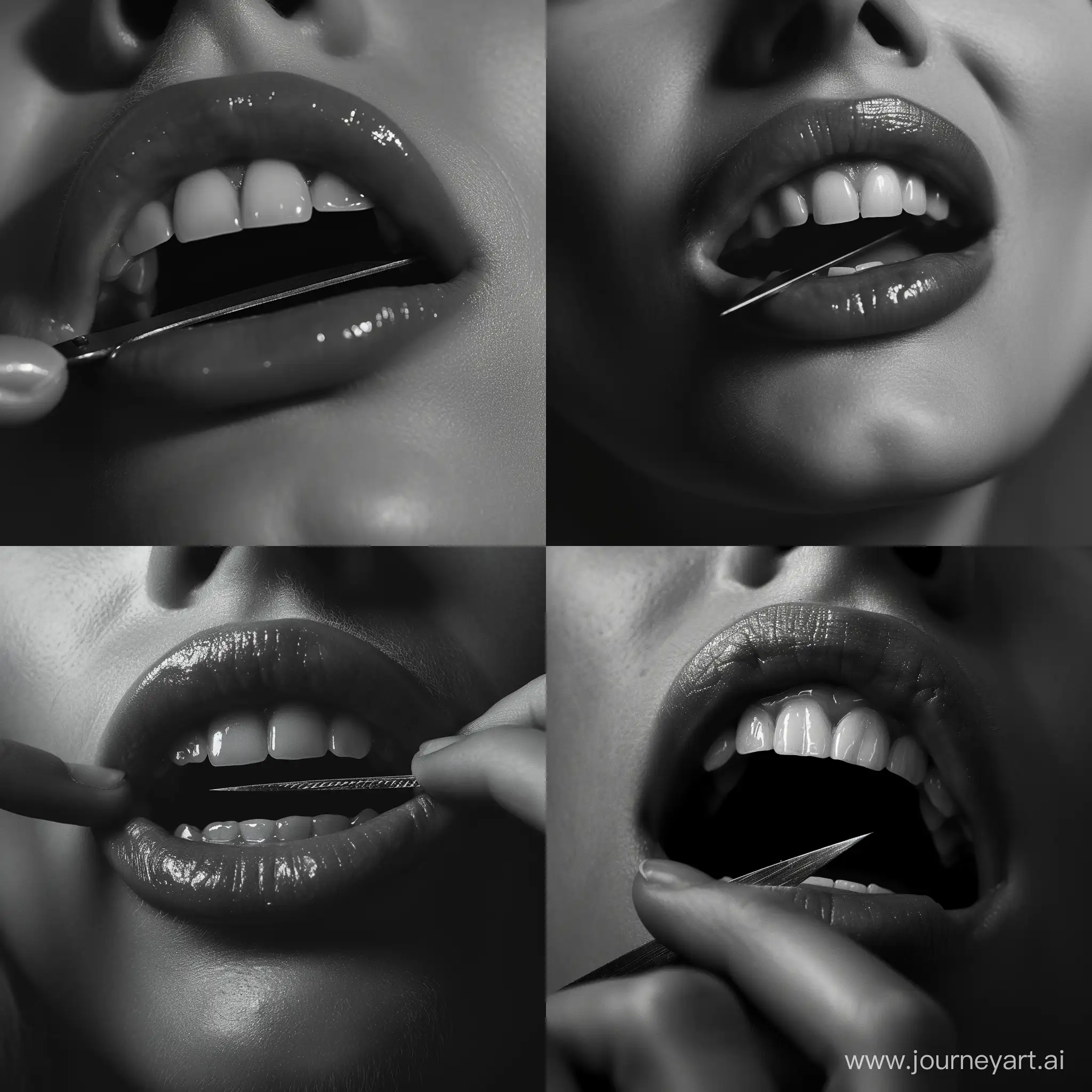 чёрно-белое изображение, крупный план рта, в зубах лезвие бритвы