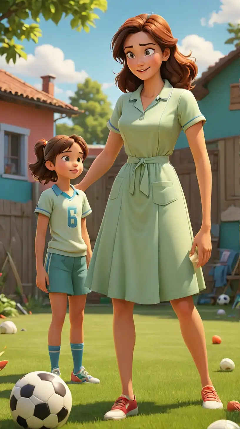 Create a 3D illustrator of an animated scene where a mother dressing like a responsible homemaker, watching her daughter dressing like a sports person,playing football in a ground. Beautiful and colourful background illustrations.