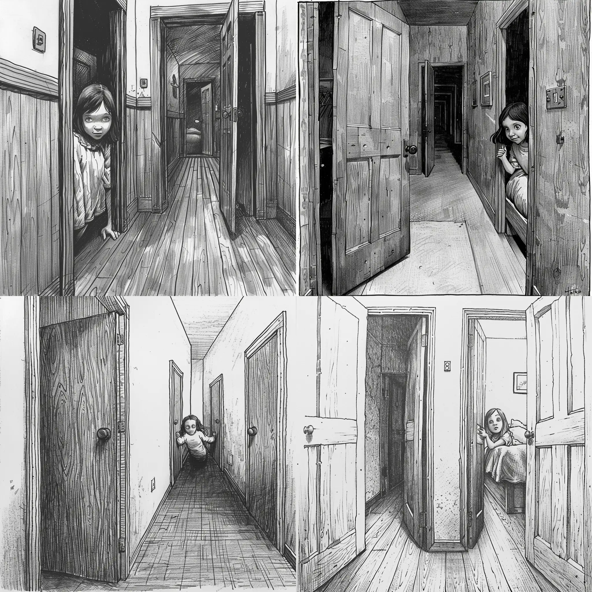 black and white sketch, young girl peeking out of her bedroom door in a long creepy passageway another bedroom door is opposite hers, chris riddell style art