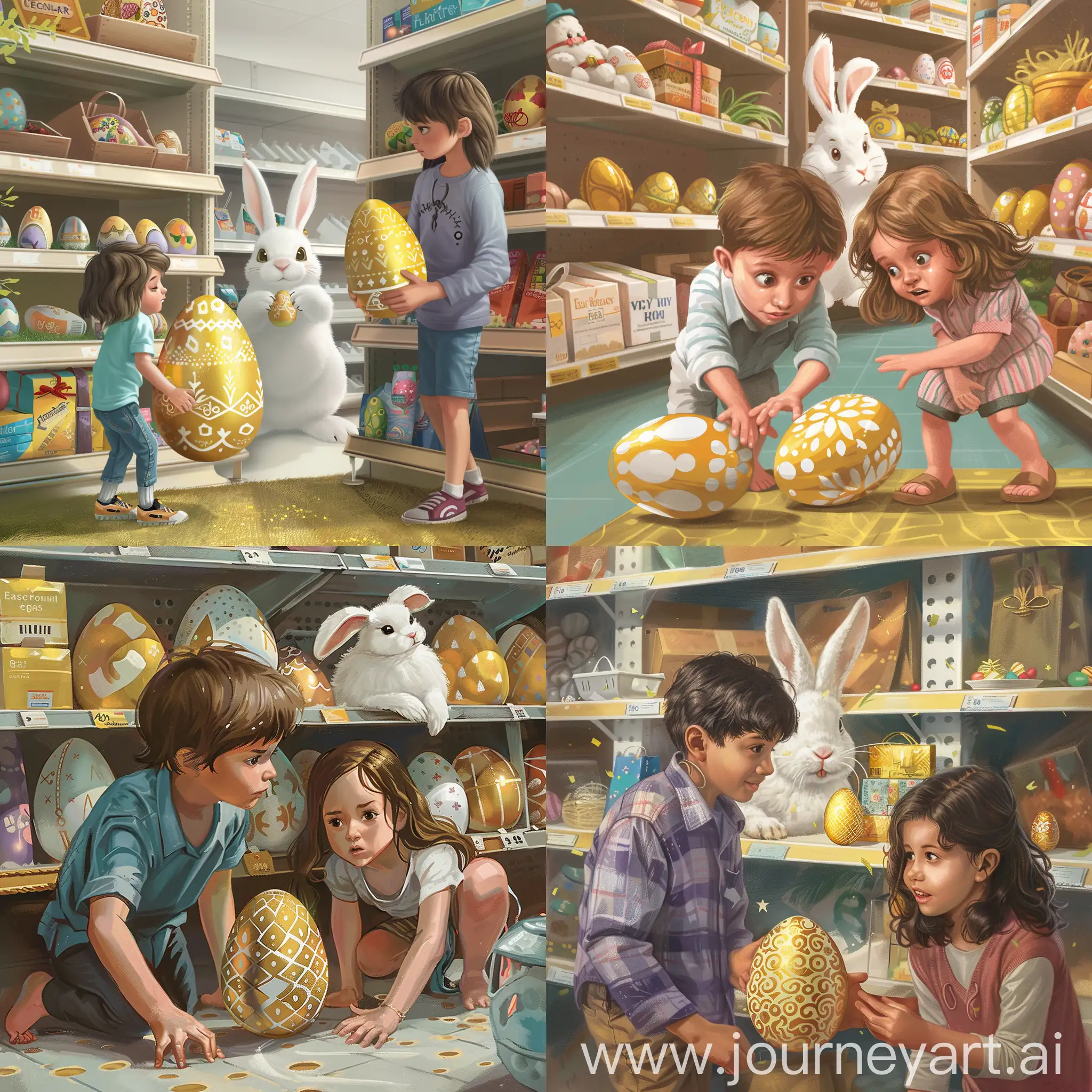 An Easter egg hunt with a boy and girl looking for a golden and white patterned Easter egg inside a retail store with a white Easter Bunny peeking out from behind a shelf 
