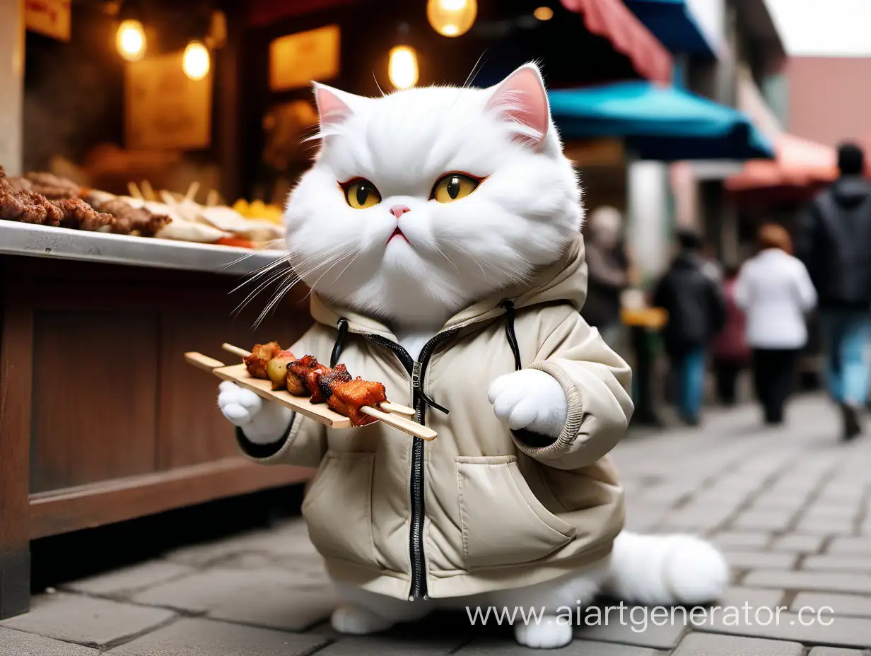 Adorable-White-Cat-in-HumanLike-Jacket-Enjoying-Kebabs-on-a-Bustling-Food-Street