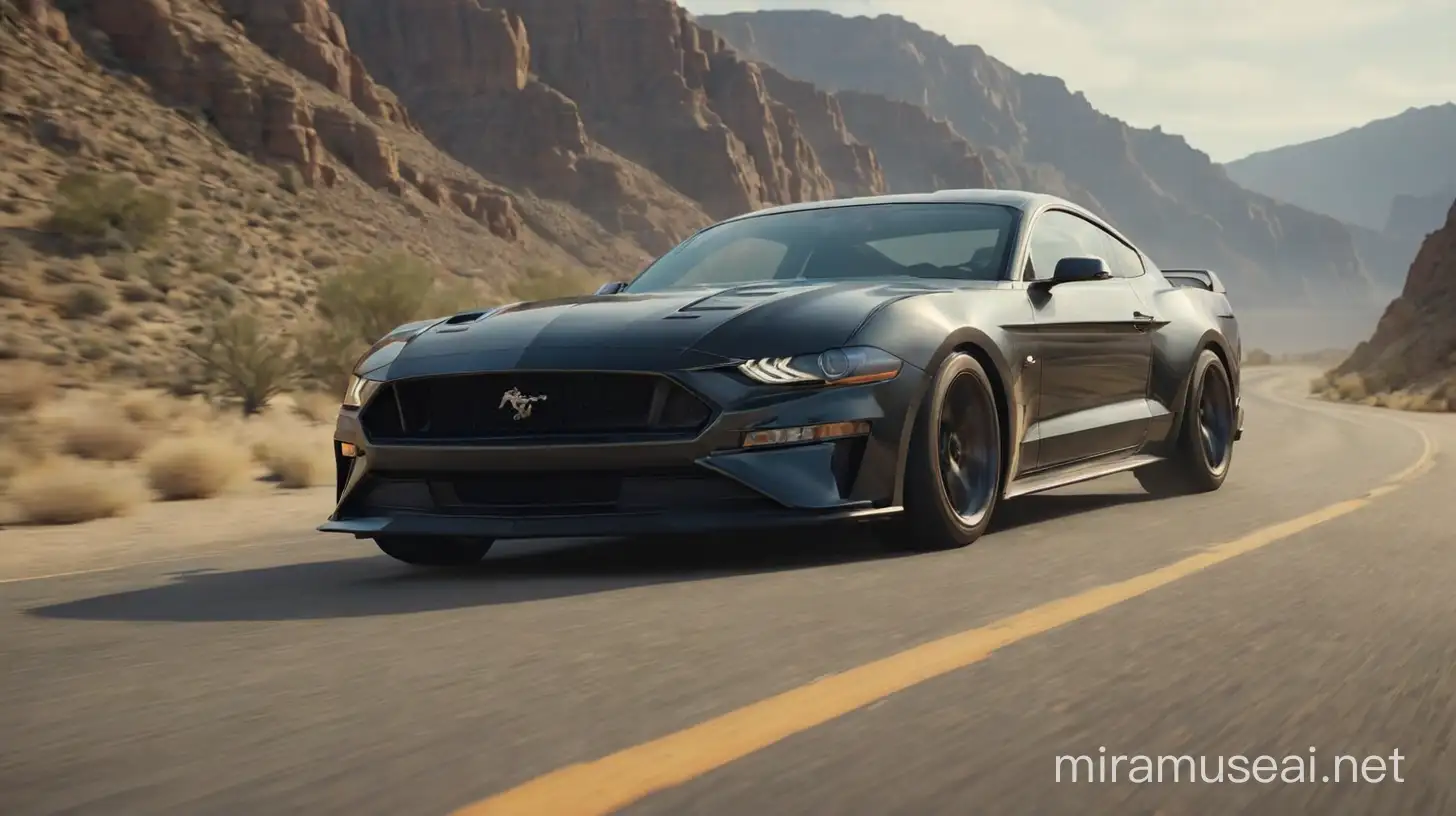 /imagine prompt: 3D, personality: The screen fading to black, with the sound of the Mustang's engine slowly fading away, leaving only the quiet hum of the open road, signifying the end of the intense chase unreal engine, hyper real --q 2 --v 5.2 --ar 16:9