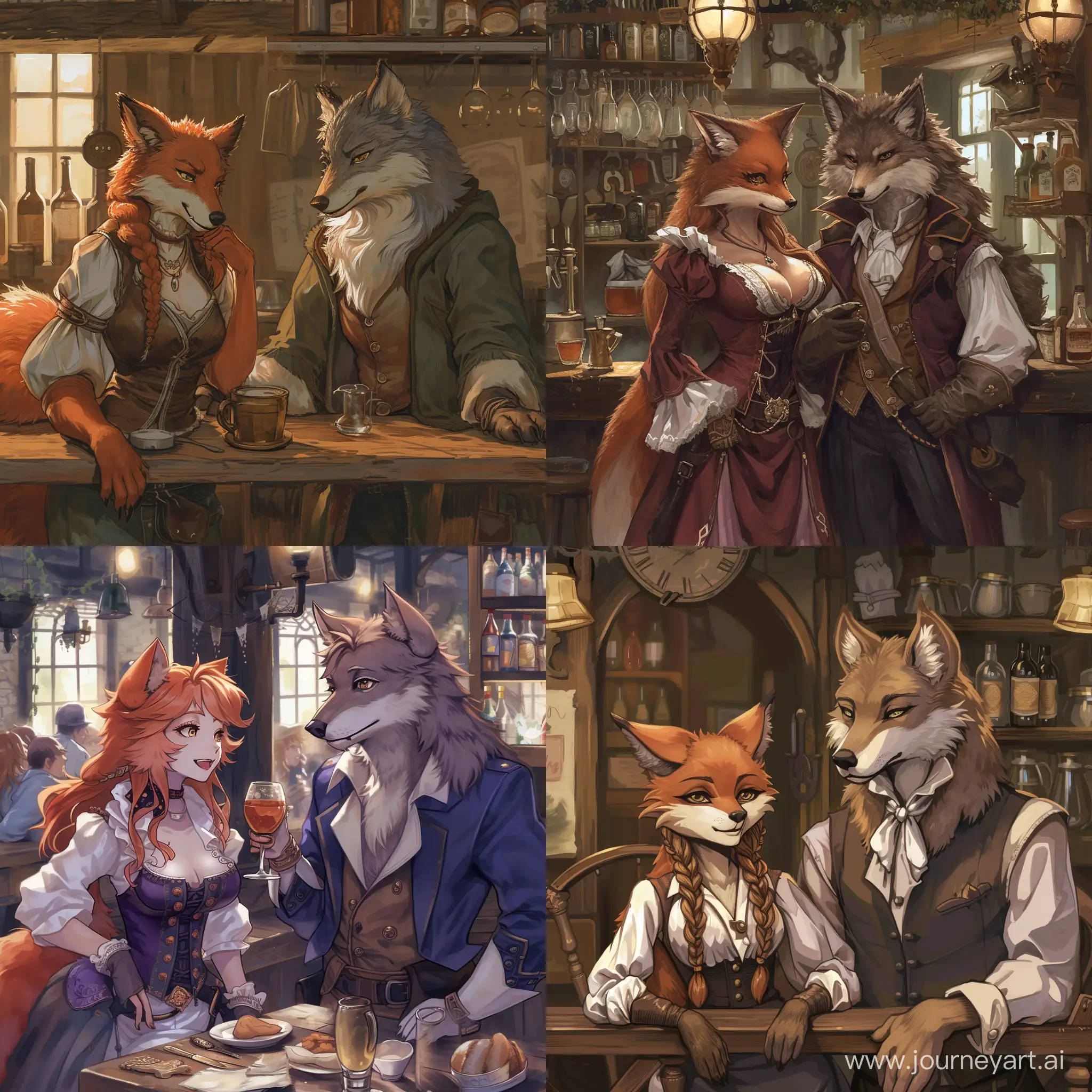 Anime Furry Fox Lady Innkeeper and Wolf Male Aristocrat
 in the Tavern  --v 6 --ar 1:1 --no 84773