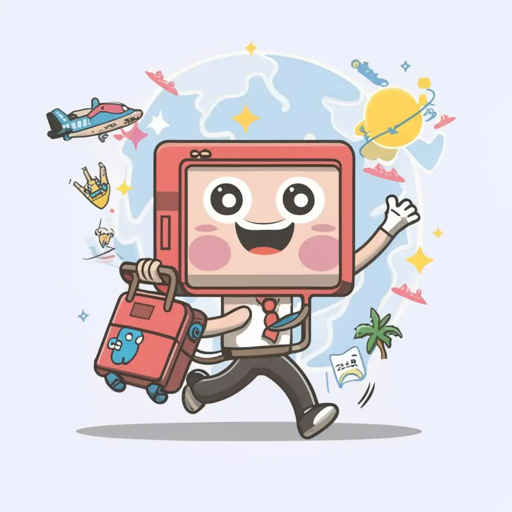 LOGO-Design-For-Out-Of-Office-Joyful-Chibi-Laptop-in-Vacation-Setting-with-Suitcase-and-Excited-Expression