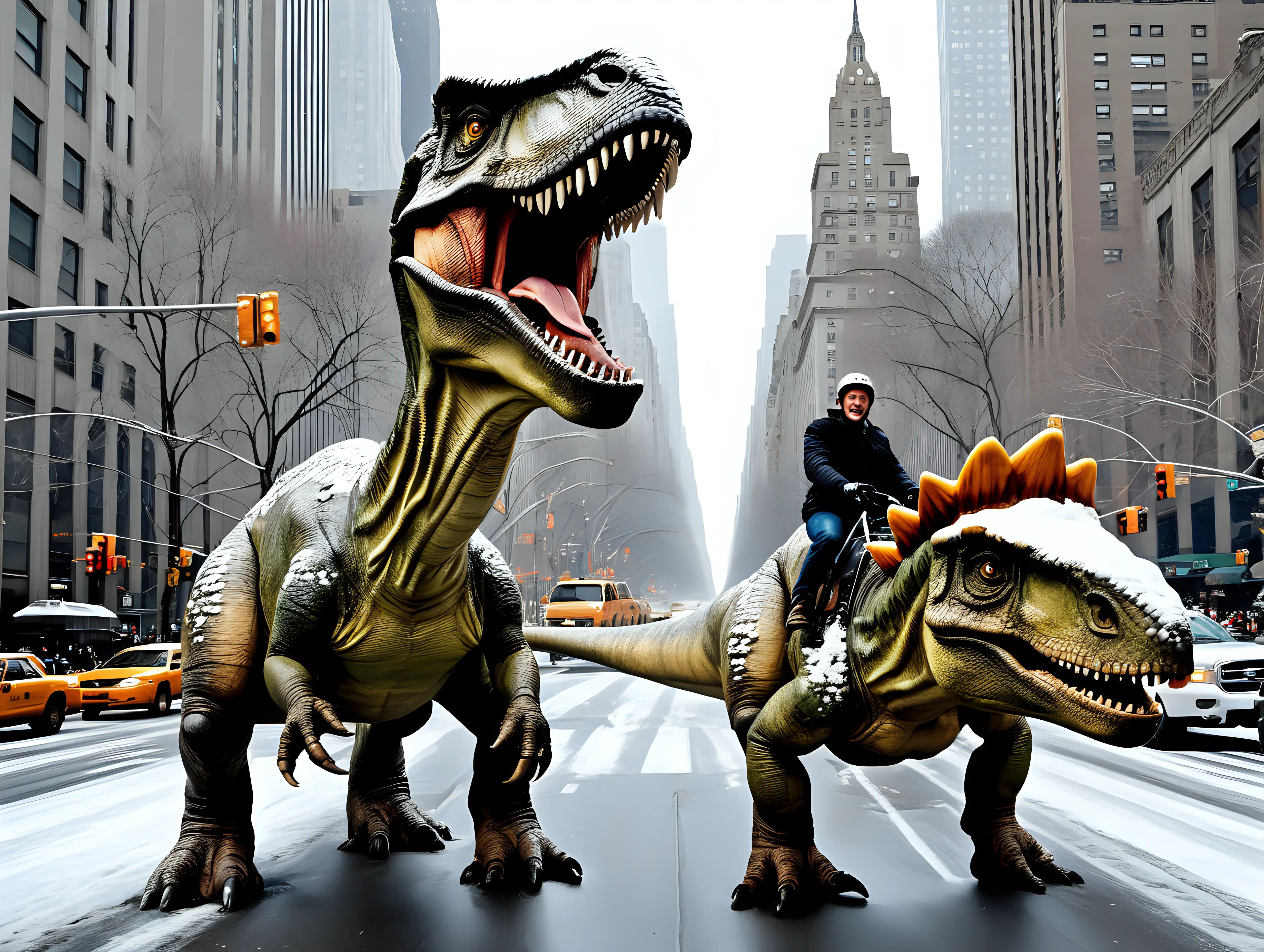 men riding dinosaurs on 5th avenue NYC in winter