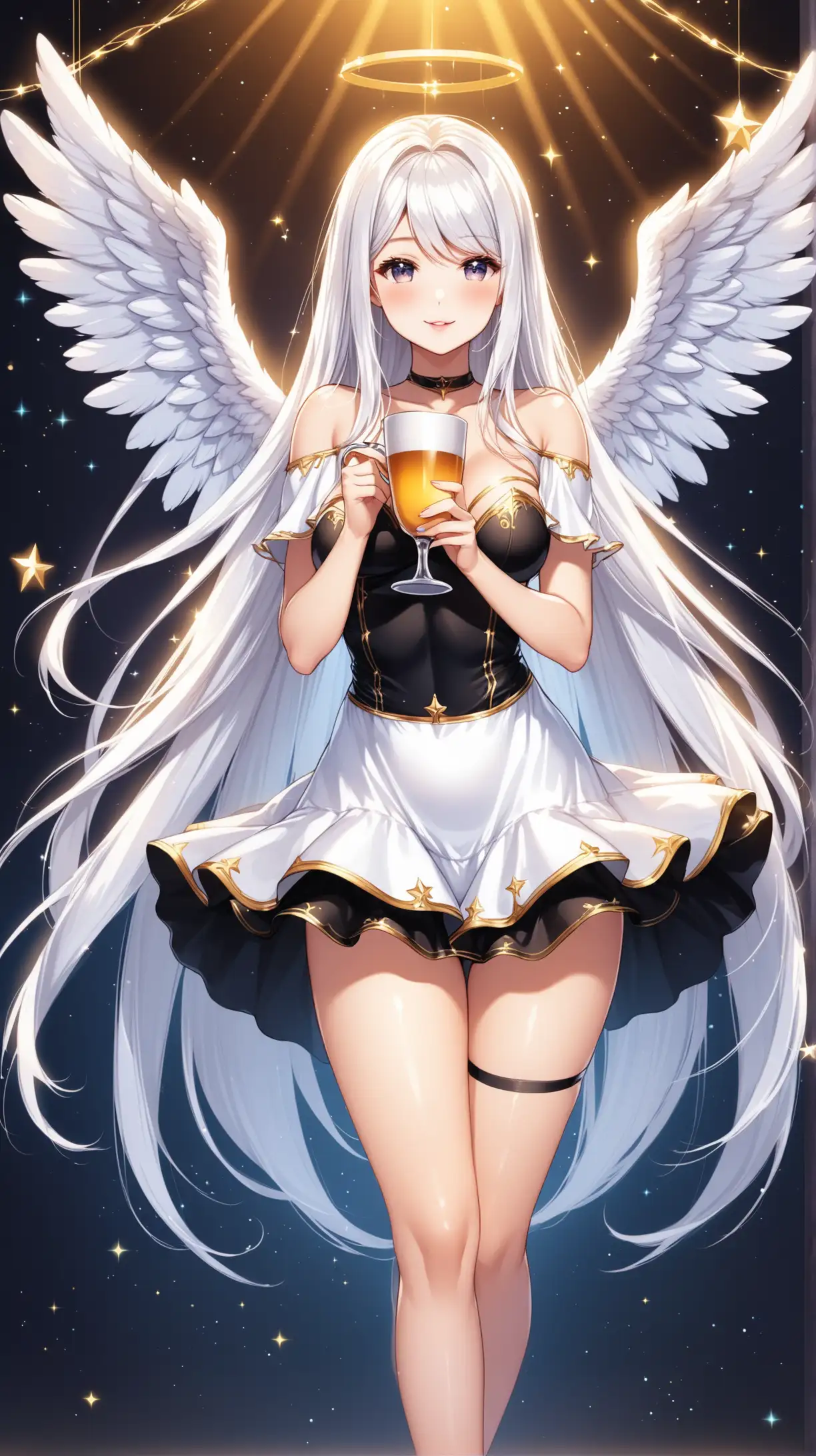 Sexy women carry cup , angel costume, playful, white long hair, black short sexy dress, fantastic background .
