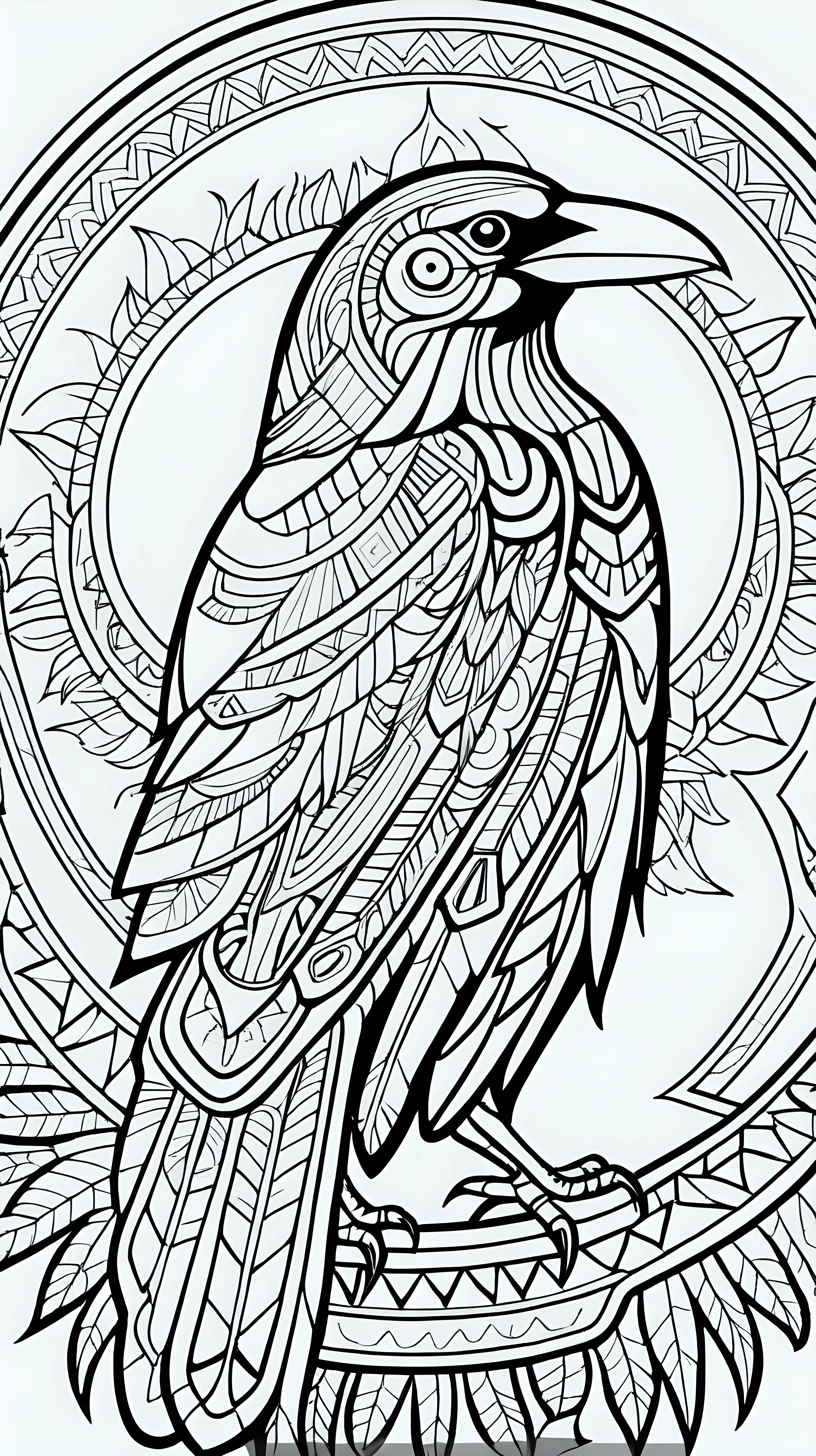 tribal crow mandala, coloring book image, thick black clean lines, native American Indian style