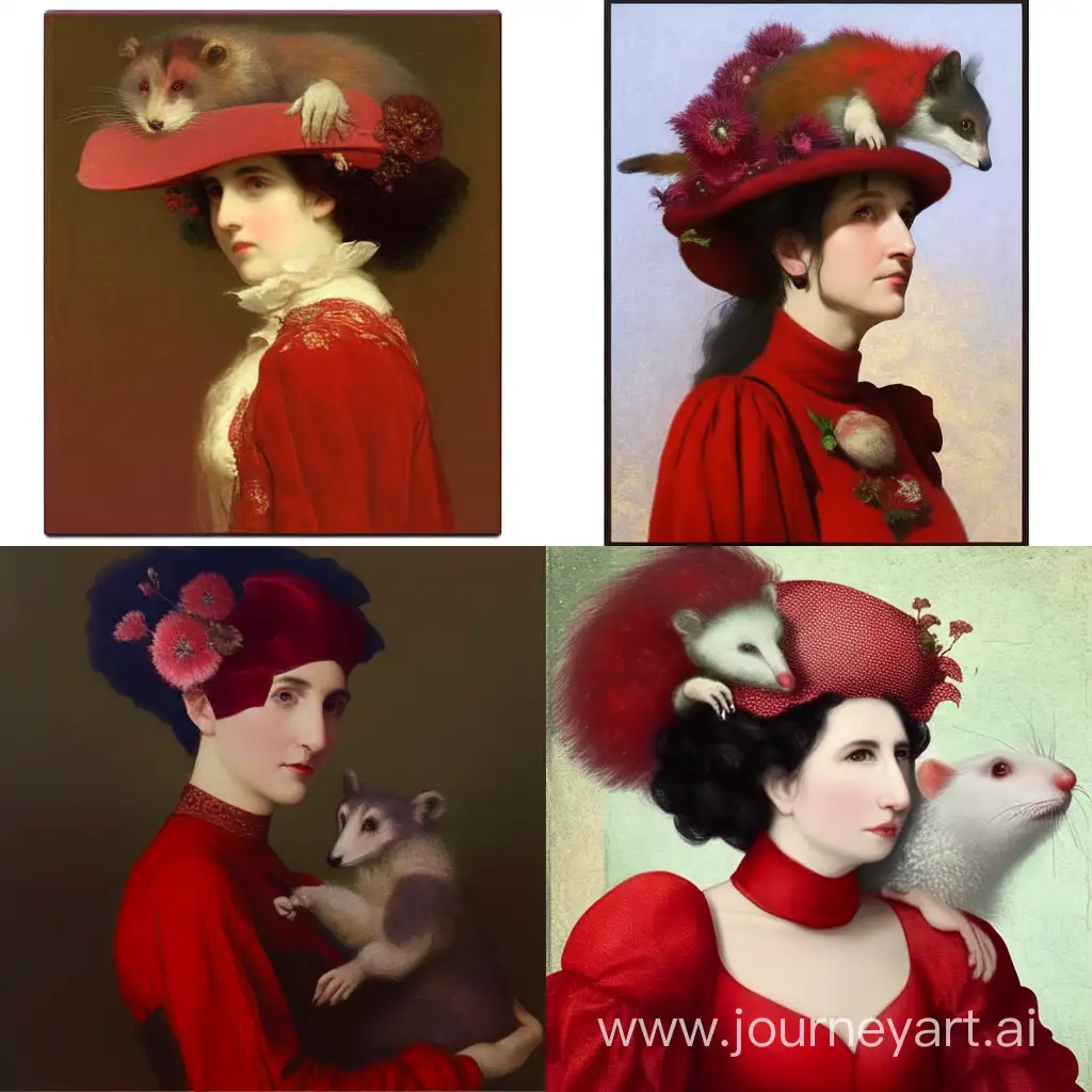 humanoid opossum, woman with opossum head, human with animal head, furry, in red clothes, ghibli style, anime, Coby Whitmore, Edmund Dulac, Abstract, mysterious, charming portrait, highly detailed painting, artstation, john william waterhouse, Sir Lawrence Alma-Tadema, John William Godward