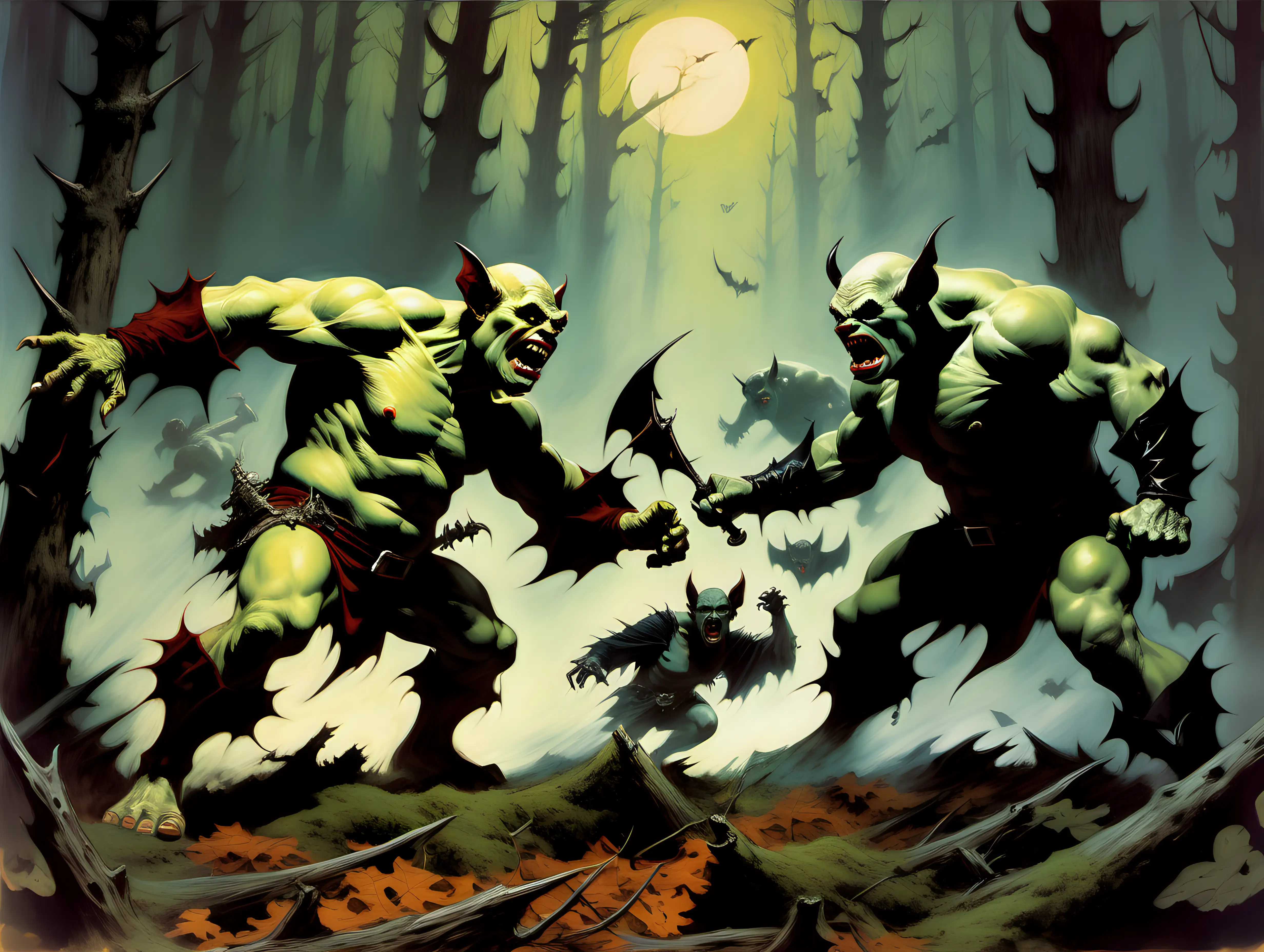 Epic Battle Ogres Confront Vampire Bats in Enchanted Forest