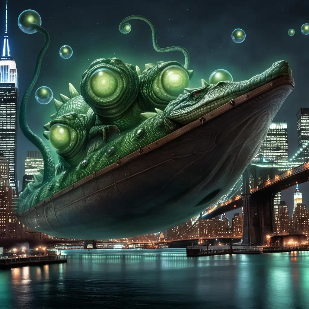reptilian ship with small orbs abducting New York City, dark colors