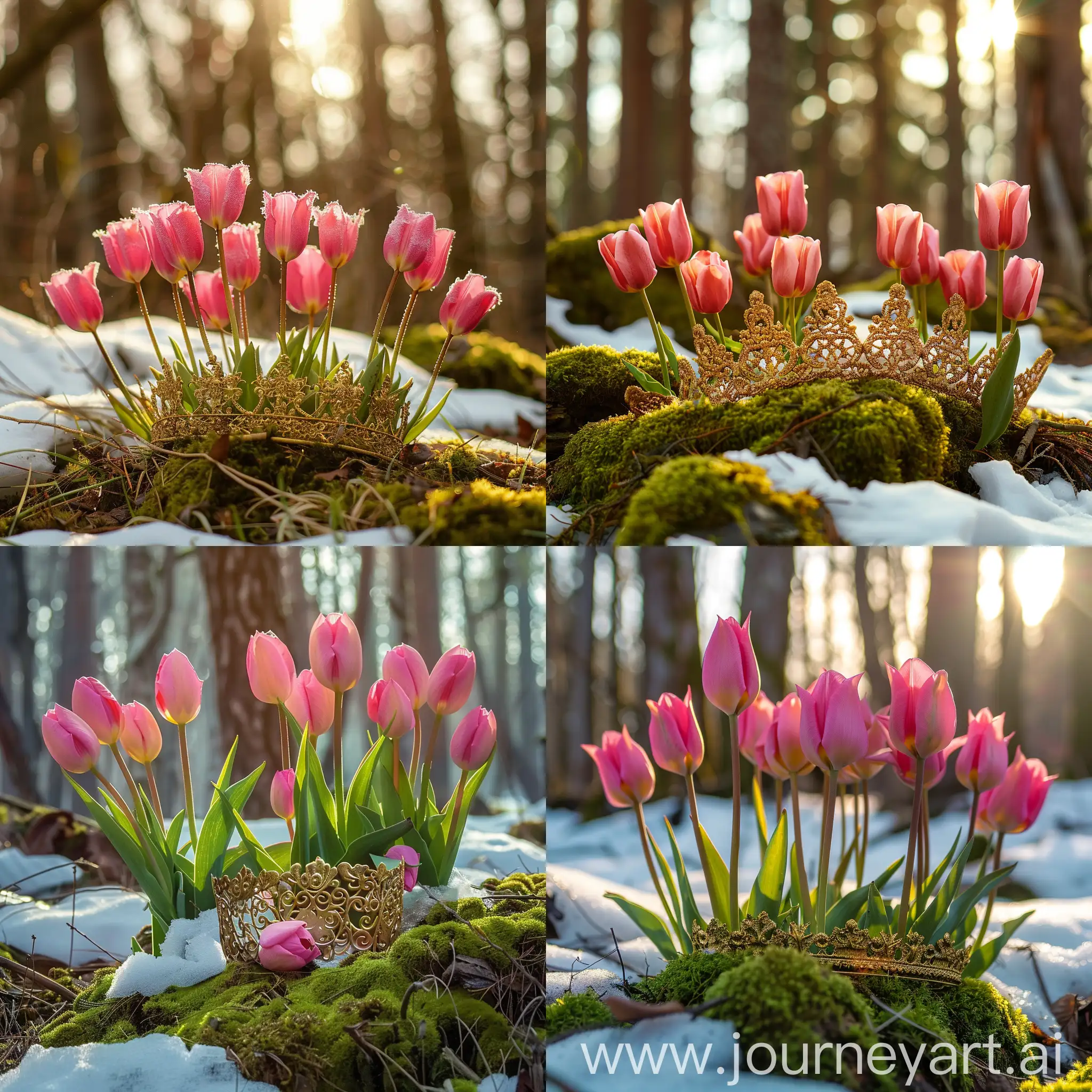 Golden-Crown-Adorned-with-Pink-Tulips-in-Enchanted-Forest-Scene