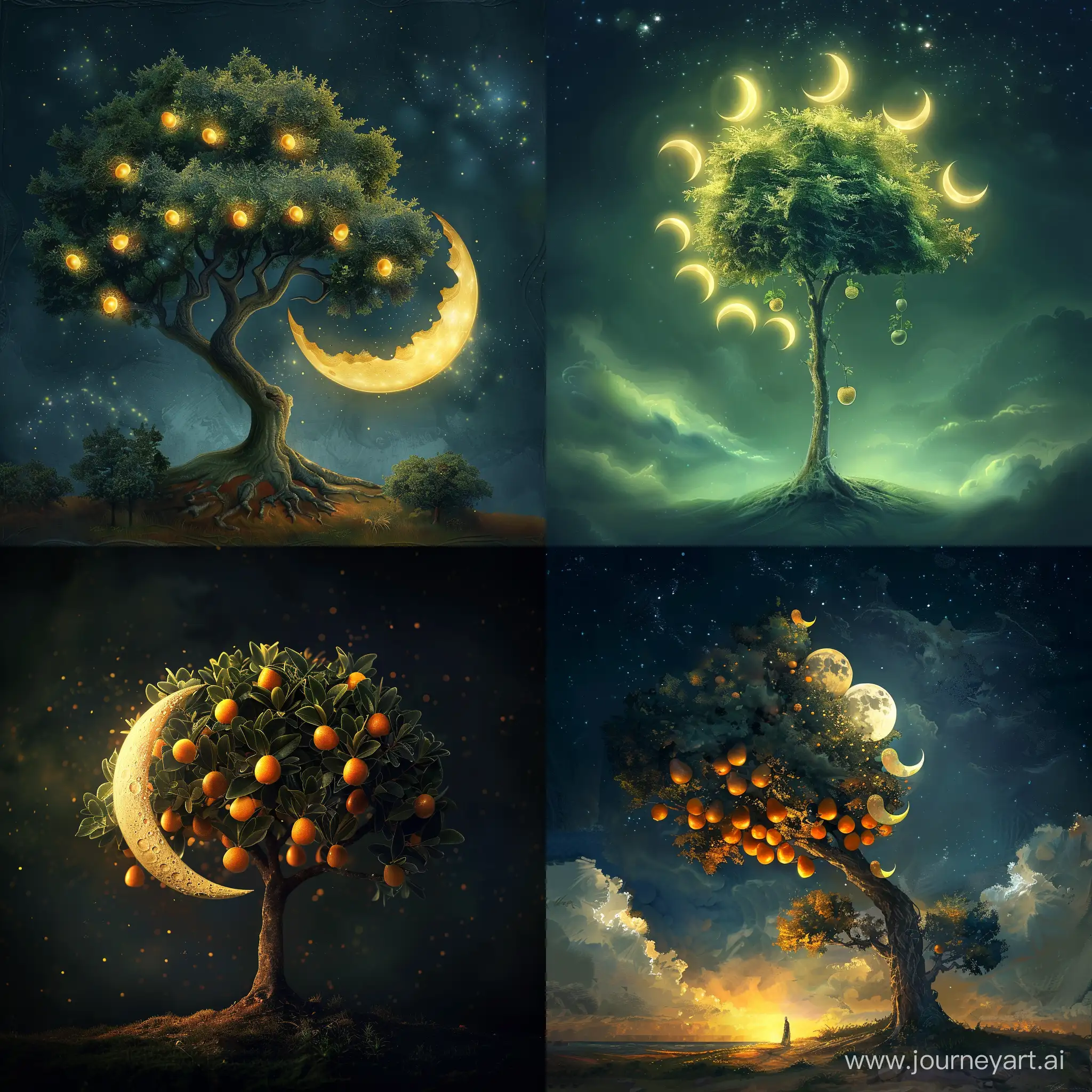 A fantasy magic tree that grows fruit in the shape of the moon, they can be like a full moon, or like a crescent moon