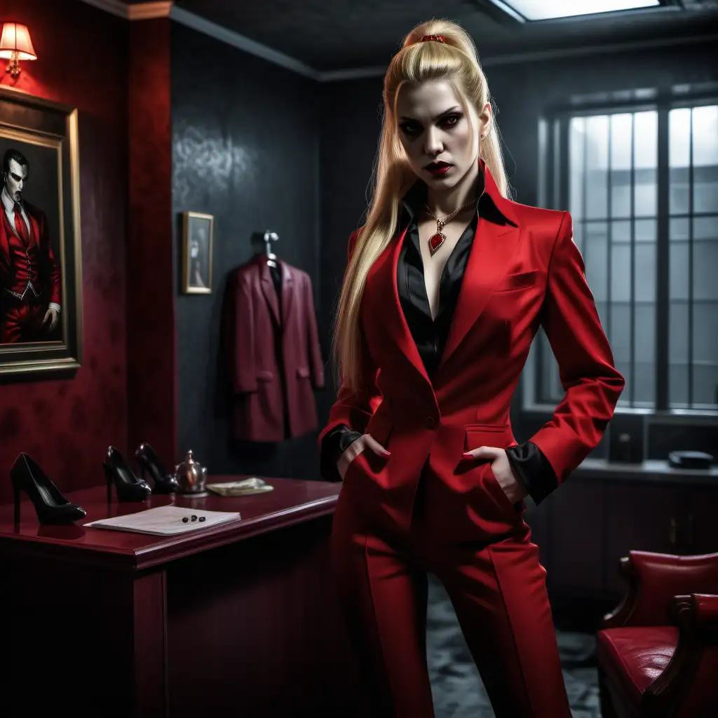 A female Toreador vampire, blonde long hair, ponytail, wearing a fitting deep red suit, fitting red trousers, black heels, necklace with a red pendant, inside a mafia boss' room, realistic