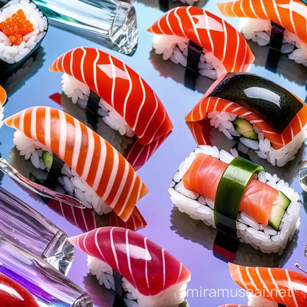 Exquisite Cristal Maki Sushi Trio Shiny and Iridescent Delicacies