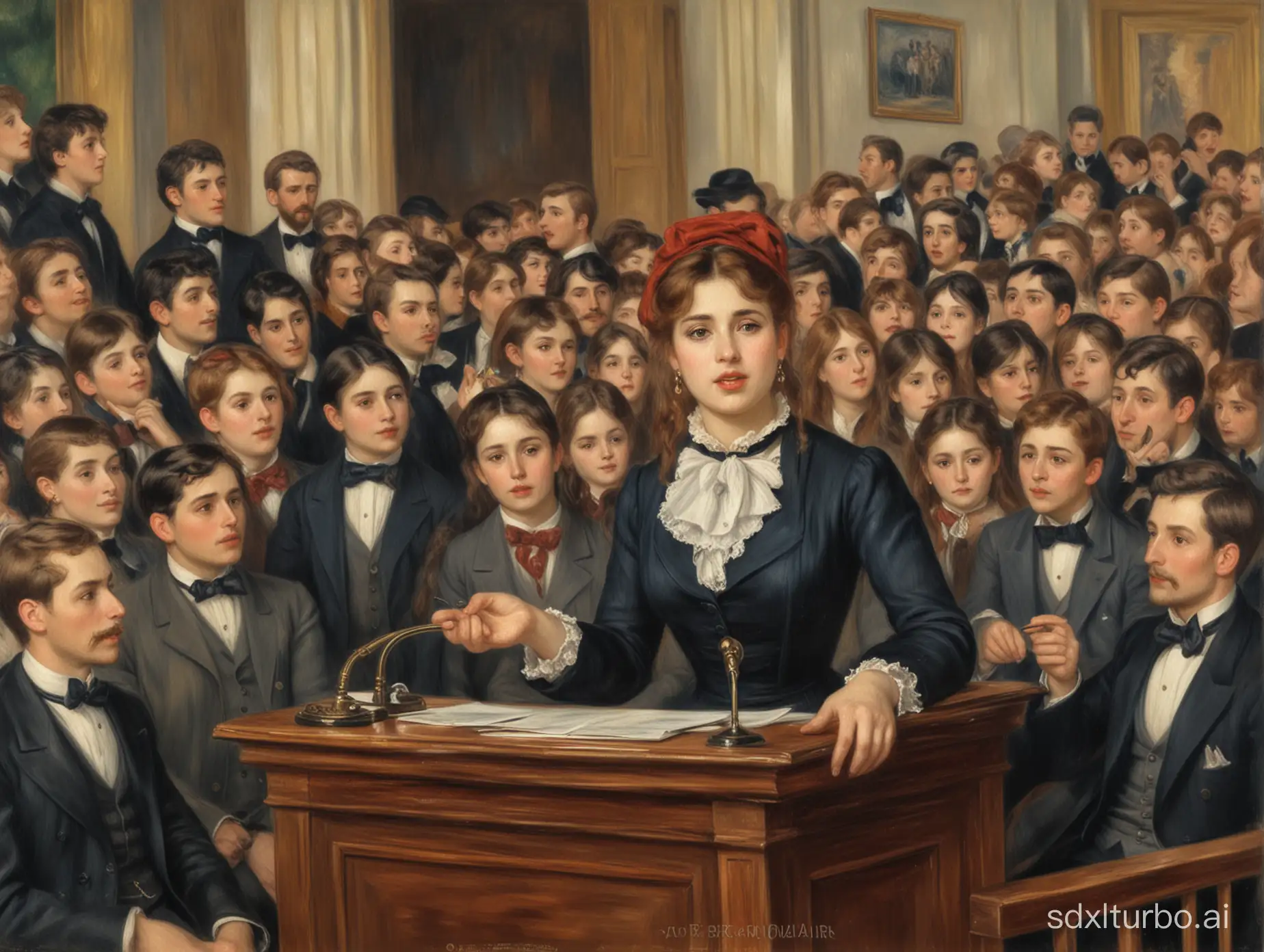 a majestic oil panting by auguste renoir, bell epoque period, lot of people watching as one girl wearing a suit on the podium makes a speech about the future of the country